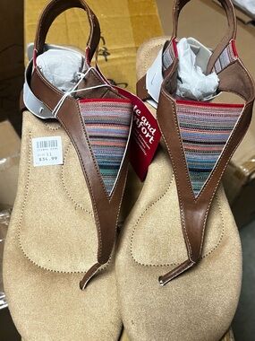 Women’s size 11 Brown Leather-Strap Sandals with Multicolor Striped Inset